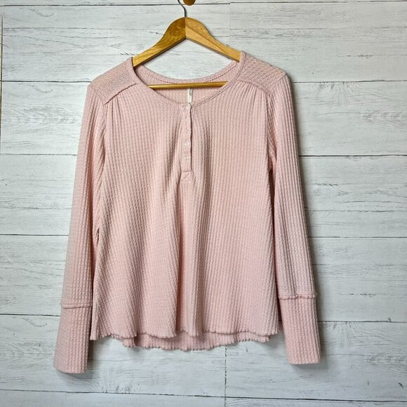 By Anthropologie Top Womens Size Small Pale Pink Waffle Knit Henley Thermal - Picture 1 of 16